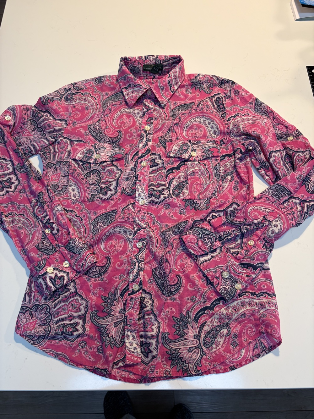 Lauren Ralph Lauren Pink Paisley Button Up Shirt Women's M Long Sleeve Blouse